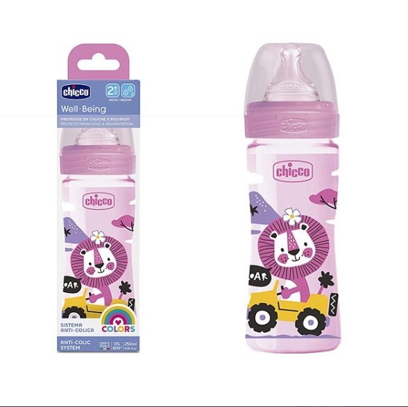 Chicco Well Being Colors Bottle 250ml Medium Flow Rate 2 Months Pink